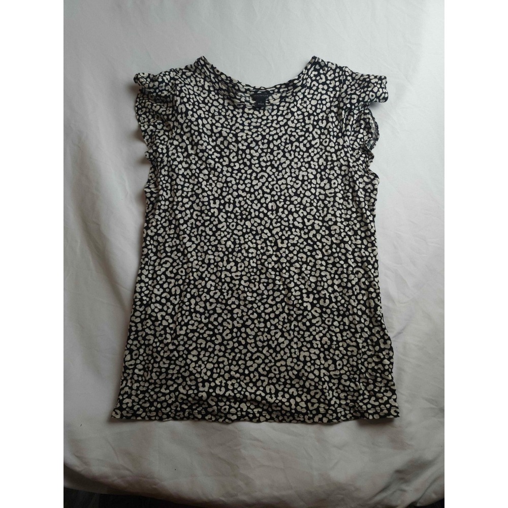 Ann Taylor Womens Black White Leopard Print 100% Linen Ruffle Sleeve Top Small